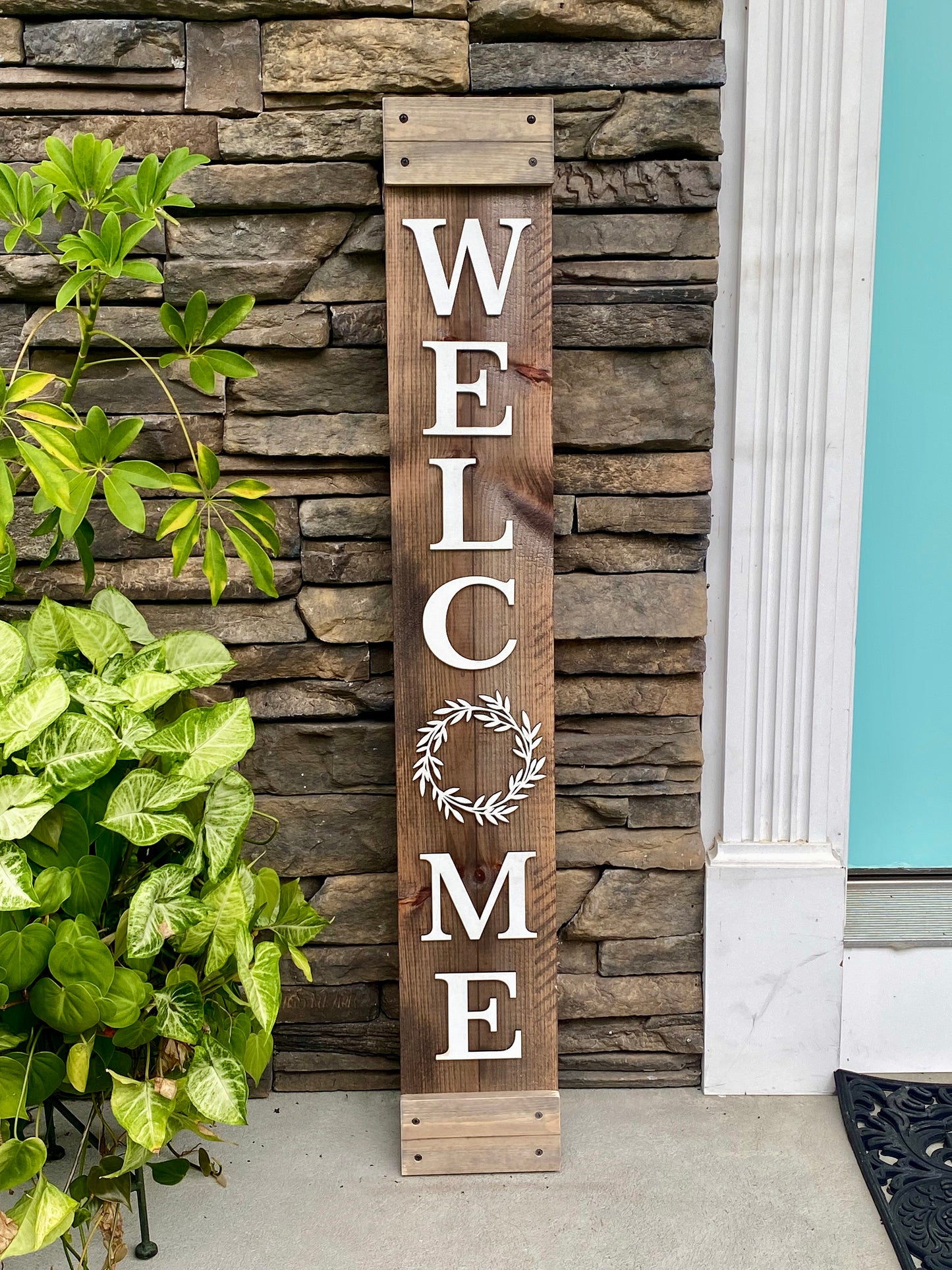 Handmade Wood Welcome Porch Leaner Sign with Wreath Design