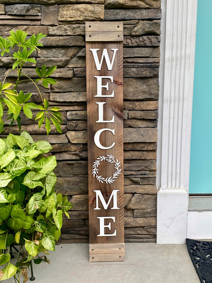 Handmade Wood Welcome Porch Leaner Sign with Wreath Design