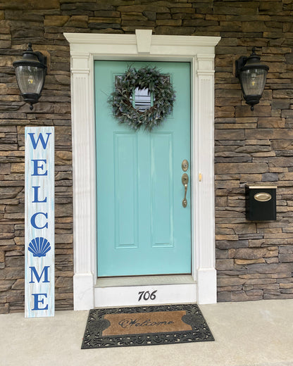 Handmade Wood Welcome Porch Leaner Sign with Seashell Design