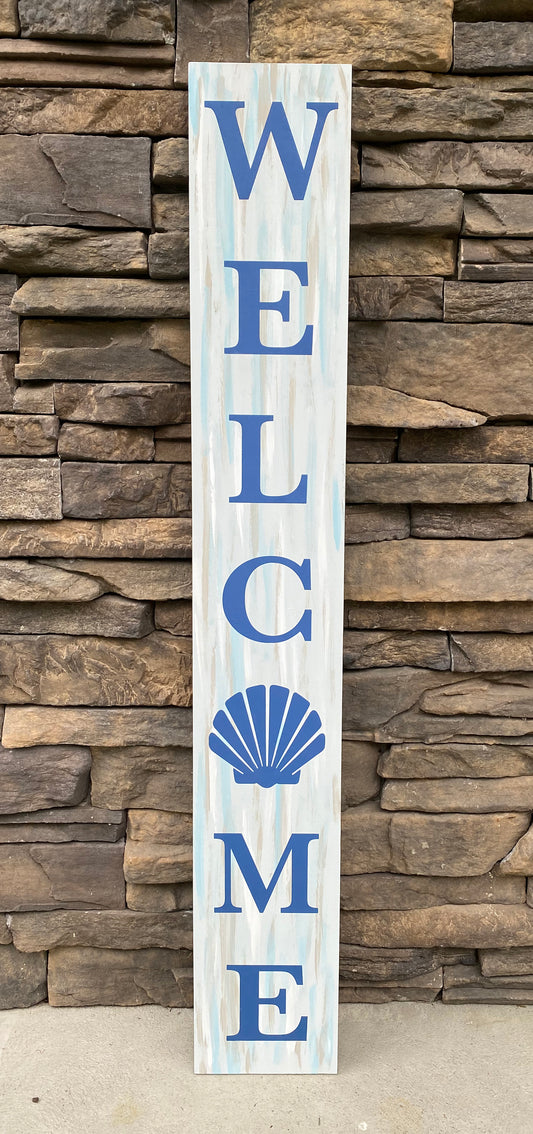 Handmade Wood Welcome Porch Leaner Sign with Seashell Design