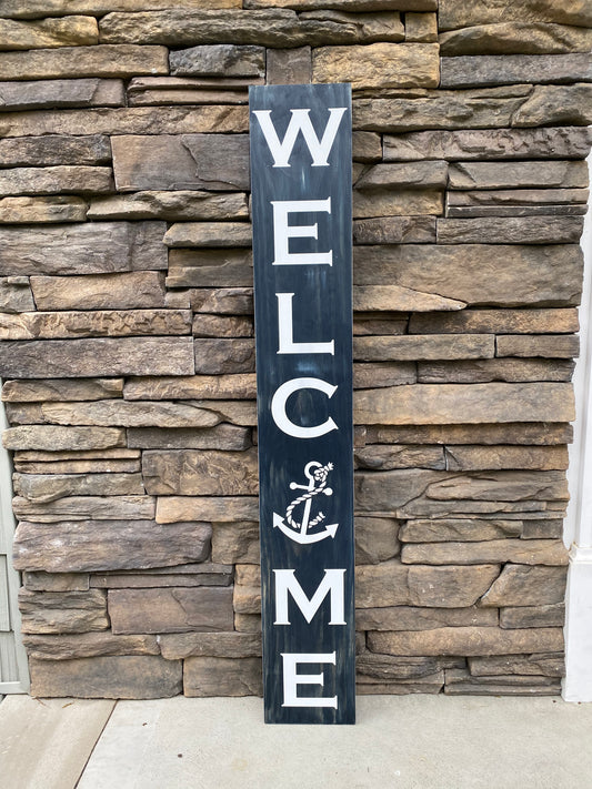 Handmade Wood Welcome Porch Leaner Sign with Anchor Design