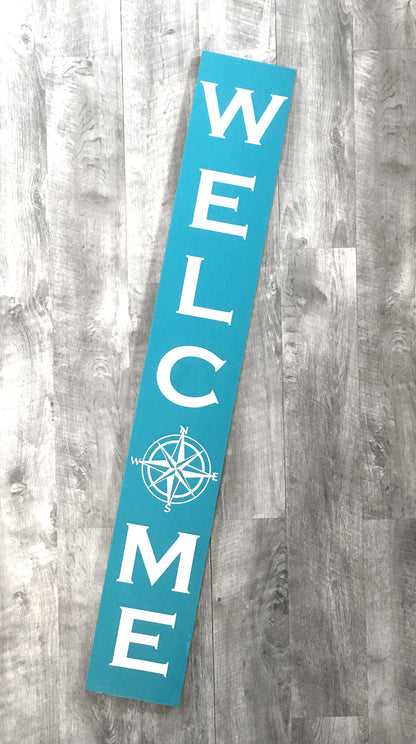 Handmade Wood Welcome Porch Leaner Sign with Compass Design