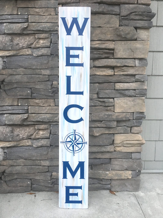 Handmade Wood Welcome Porch Leaner Sign with Compass Design