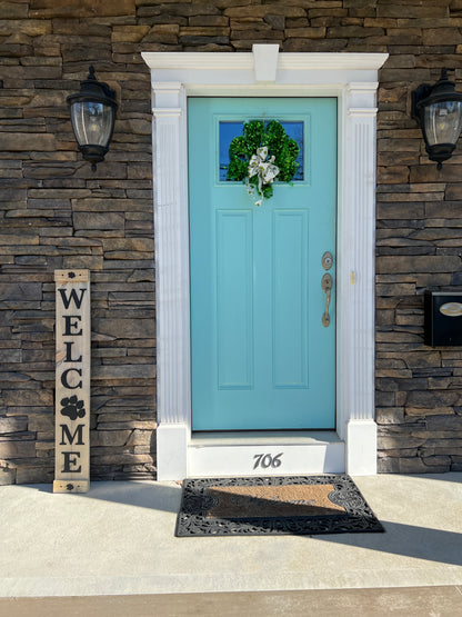 Handmade Wood Welcome Porch Leaner Sign with Dog Paw Design
