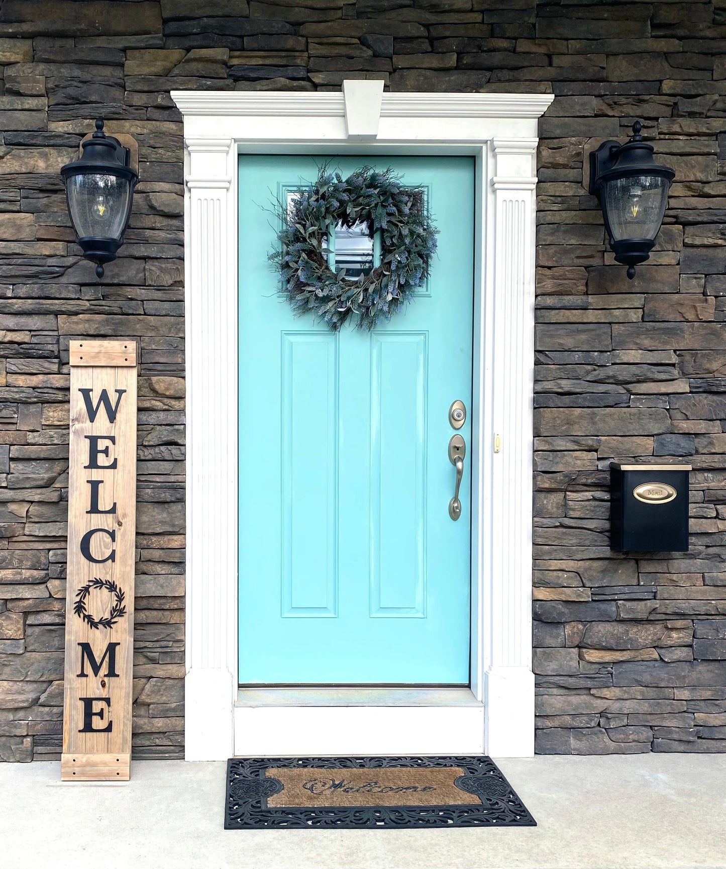 Handmade Wood Welcome Porch Leaner Sign with Wreath Design