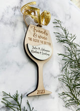 Wine & Friends, Wood Engraved Ornament, Personalized with names and year, Christmas Tree Decor