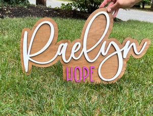 Large wood name sign, Custom nursery boho design for kids room, Layered 3D double name for above crib in baby room, nursery name cutout