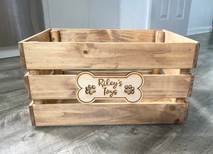 3D Laser Engraved Personalized Dog Toy Bin. Rustic Farmhouse Look crate for pet toy storage, customized with name! Great for organizing.