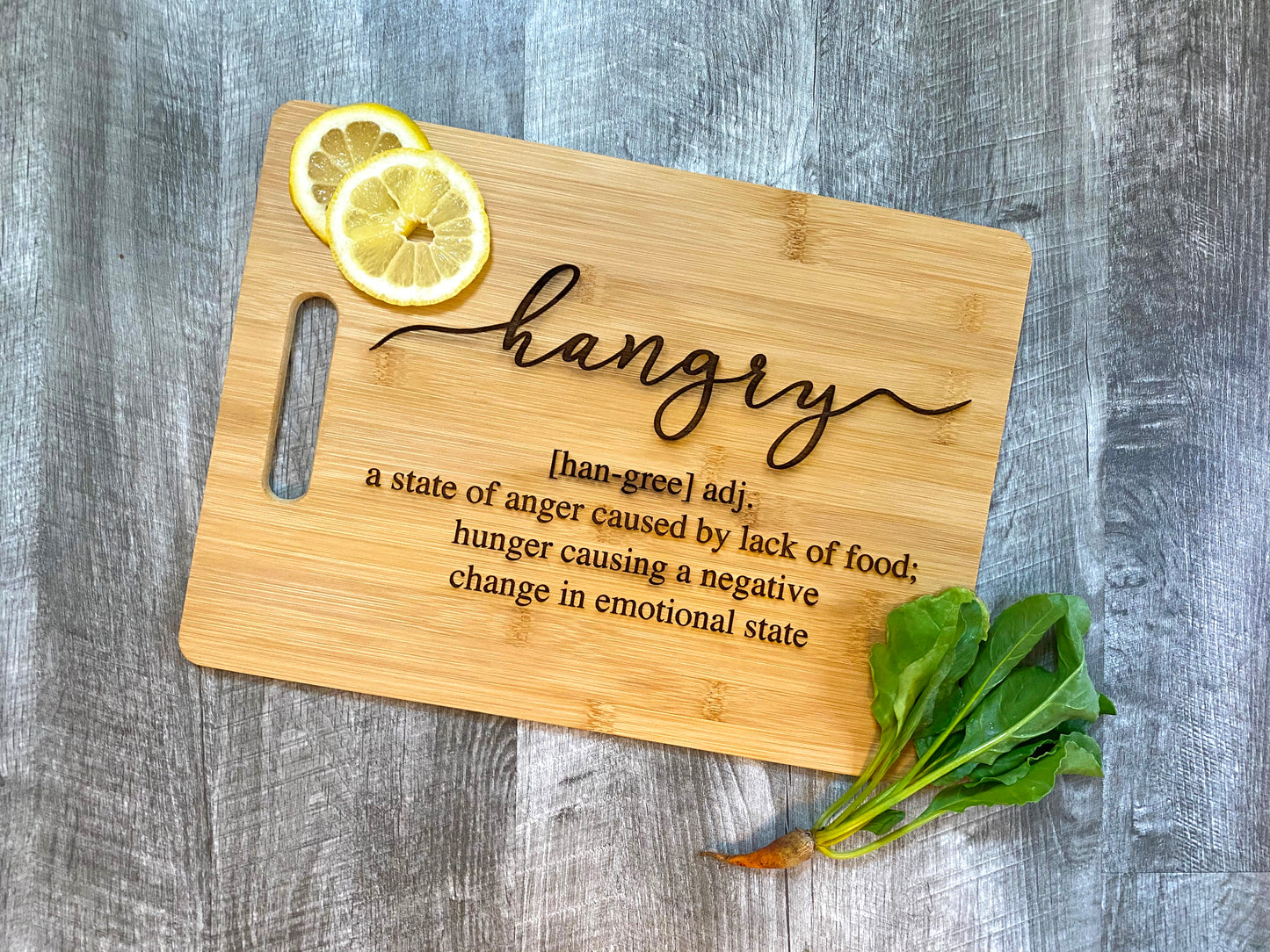 HANGRY, funny kitchen cutting board, bamboo engraved cheese / chopping board, serving tray and housewarming gift for entertaining
