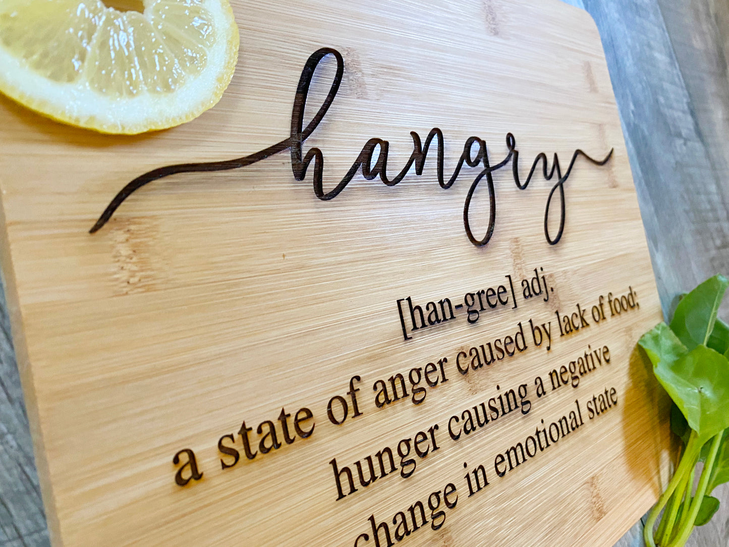 HANGRY, funny kitchen cutting board, bamboo engraved cheese / chopping board, serving tray and housewarming gift for entertaining