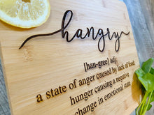 HANGRY, funny kitchen cutting board, bamboo engraved cheese / chopping board, serving tray and housewarming gift for entertaining