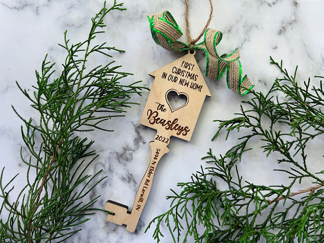 New home personalized Christmas ornament, custom laser engraved wood key