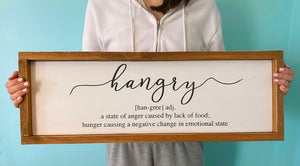 Hangry Kitchen Decor, Large Framed Rustic Farmhouse Look Sign for Dining Area of Kitchen, Funny Housewarming Gift