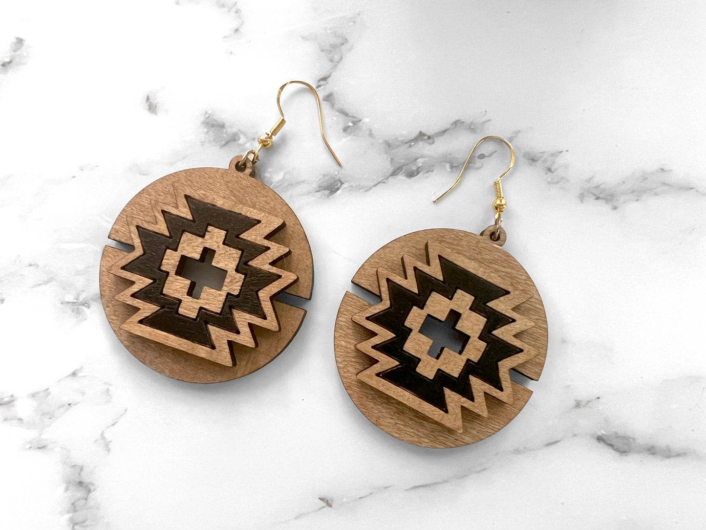 Handmade Aztec Circle Layered Wood Earrings