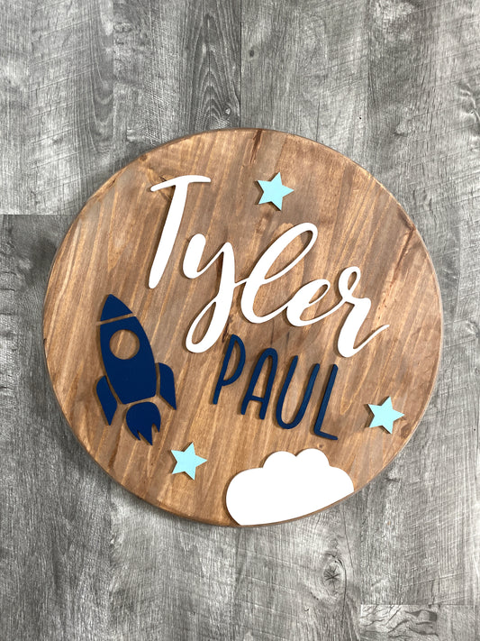 Customized Baby Name Sign, Children's Nursery Decor, Personalized Wood Sign with 3D Space Rocket Ship Theme, Kids Room