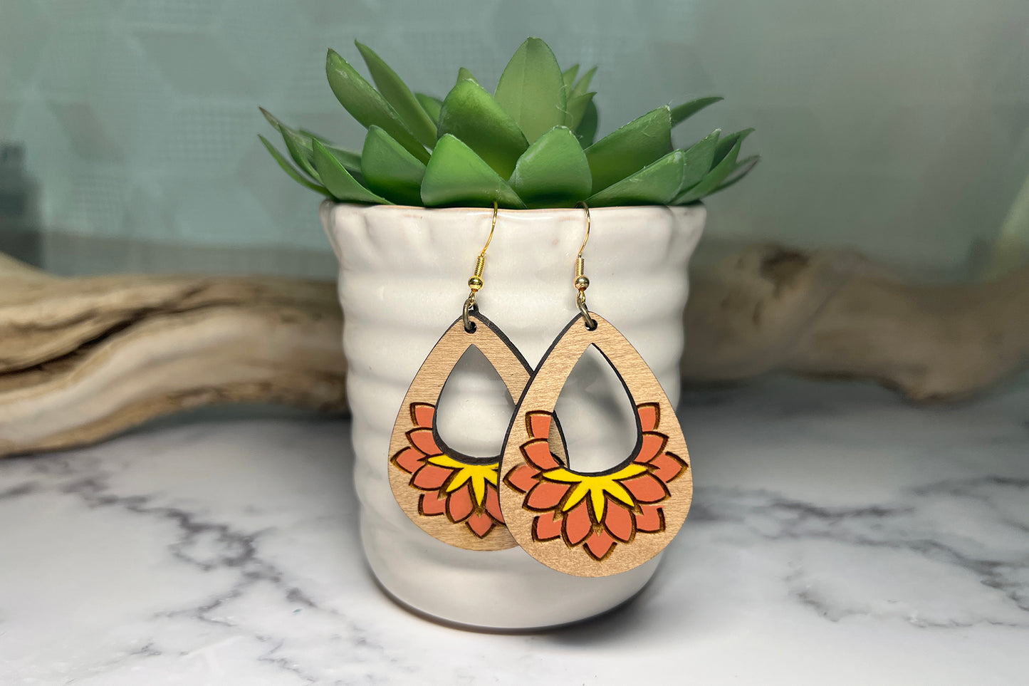 Handmade Teardrop Vintage Flower Wood Earrings