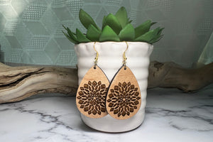 Handmade Teardrop Mandala Wood Earrings