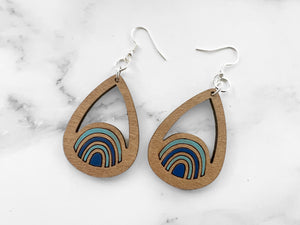 Handmade Teardrop Rainbow Hand Painted Wood Earrings