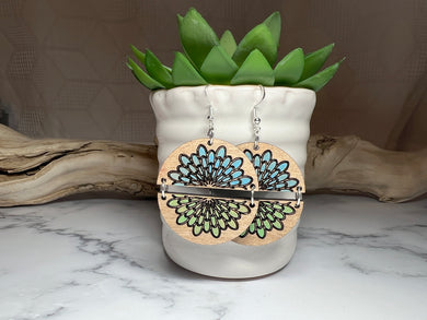 Handmade Two Part Painted Mandala Flower Wood Earrings