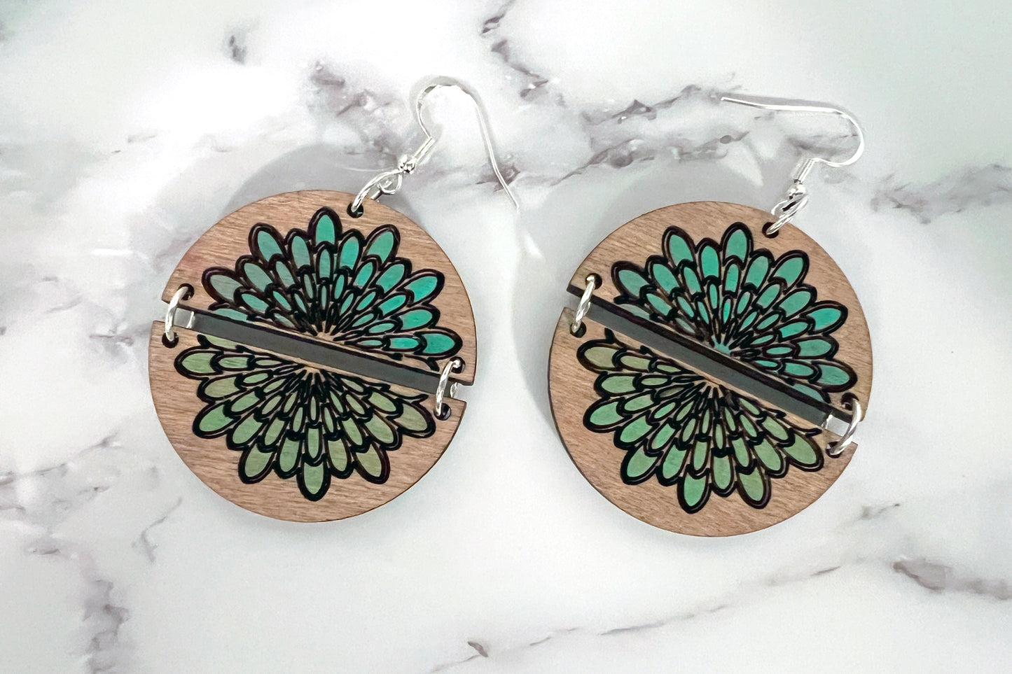 Handmade Two Part Painted Mandala Flower Wood Earrings