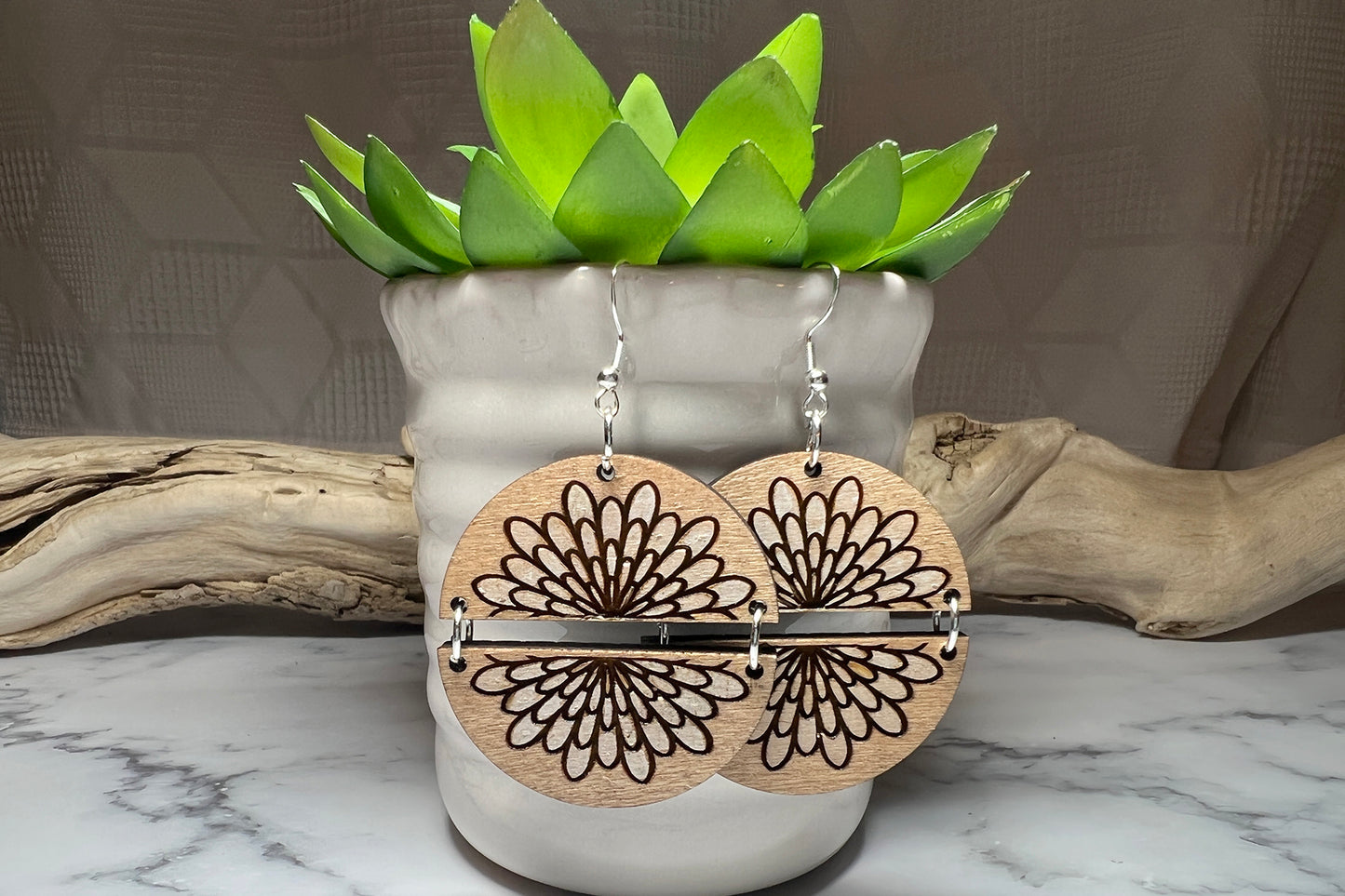 Handmade Two Part Painted Mandala Flower Wood Earrings