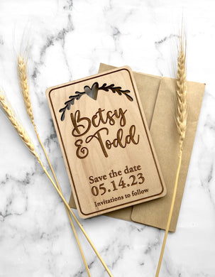 Save the Date Wedding Wood Magnet with Kraft Envelopes, Customized for wedding date and personalized for party details