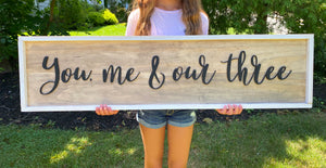 You Me and Our Three, 3D Large Farmhouse Style Decor Custom Wood Sign, Bedroom Decor, Personalized Living Room Family Saying