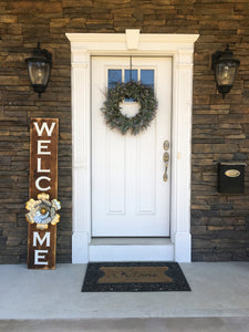 Welcome 5 foot tall Painted Porch Sign with Large Galvanized Metal Flower, Farmhouse Style, Rustic Decor, Outdoor Sign
