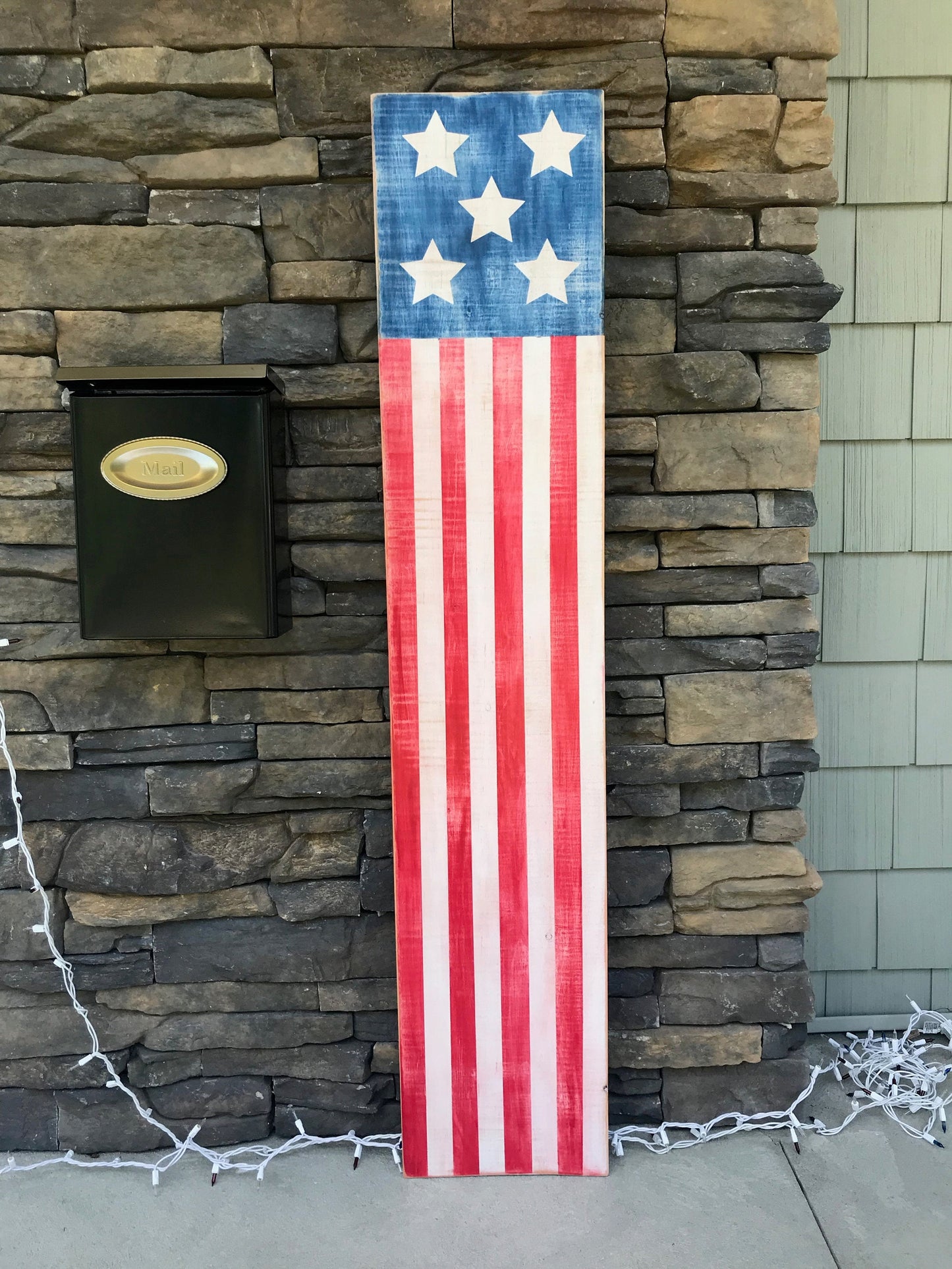 Rustic Patriotic American Flag 4 foot Porch Lean Entryway Sign, distressed for antique farmhouse look